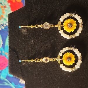White Clear Gold & Yellow Sunflower Hoop Hook Earrings